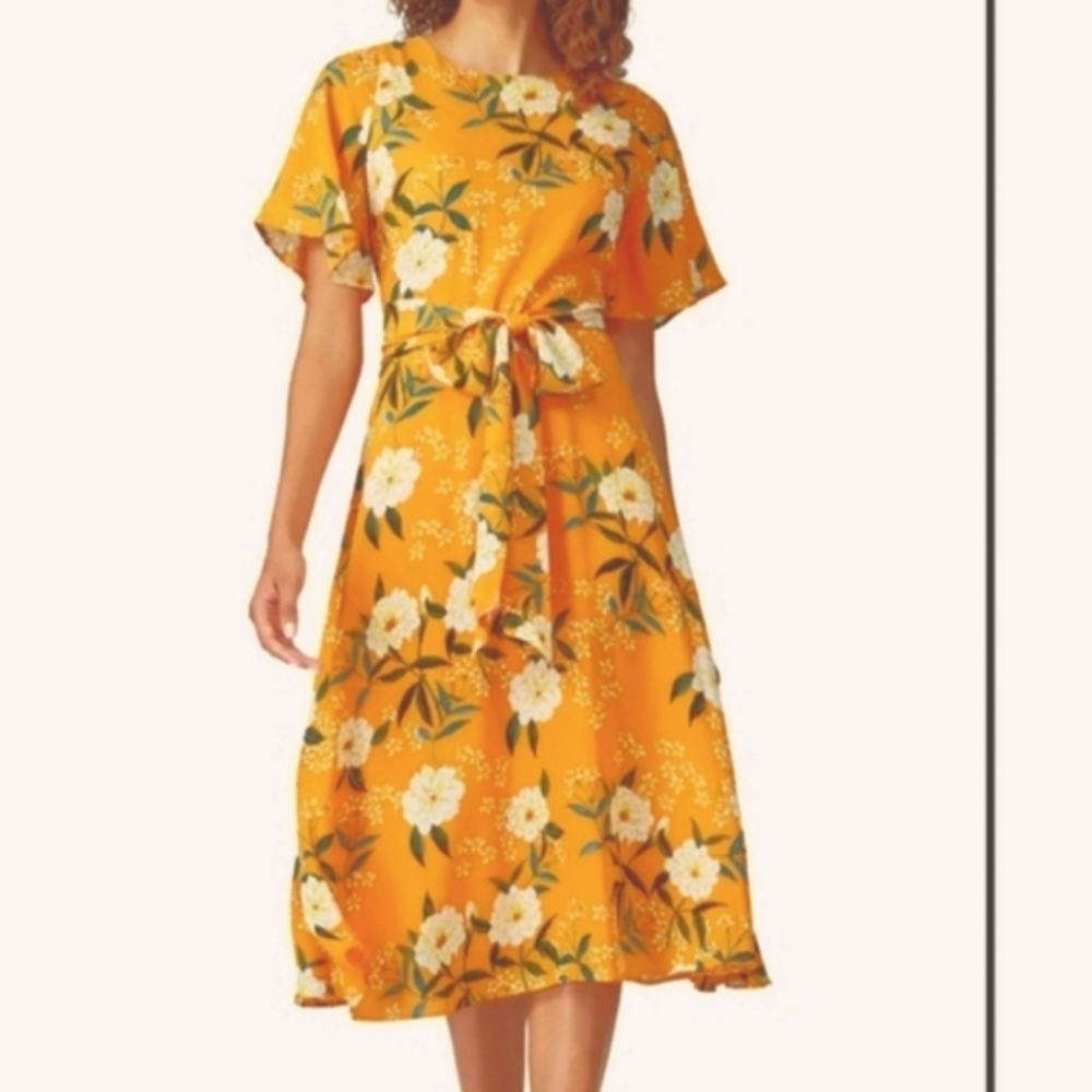 RACHEL Rachel Roy Yellow Flutter Sleeve Midi Dress
